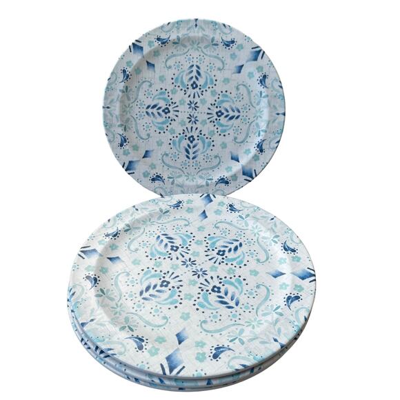 ACADIA HOME Melamine 10.5" Dinner Plates Set 4 Blue Teal White Iznik Print NEW - Picture 8 of 10